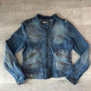 Vintage Y2K Blue denim cargo moto jacket with zipper pockets by dollhouse